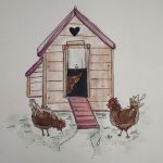 Hens around hen house